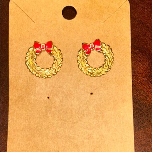 Gold Wreath Earrings with Red Bow - Picture 1 of 5